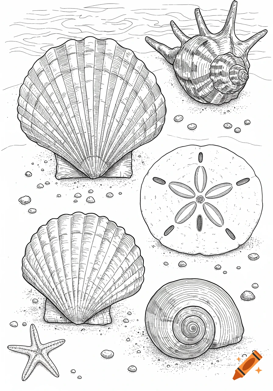 Black and white line art illustration of five seashells and a starfish on sand, in a coloring page style.