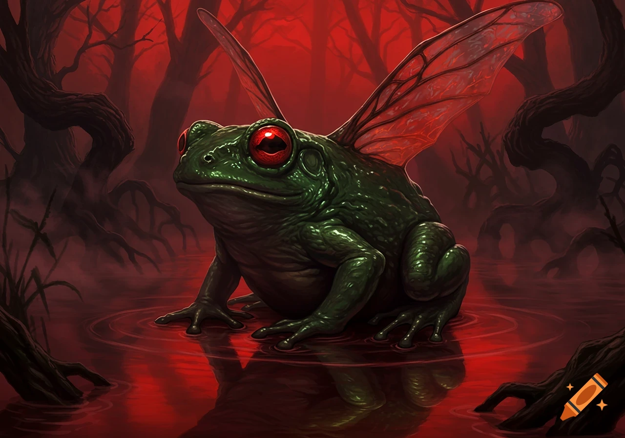 A dark green winged frog with glowing red eyes sits in a swamp with red water and gnarled trees under a red sky.