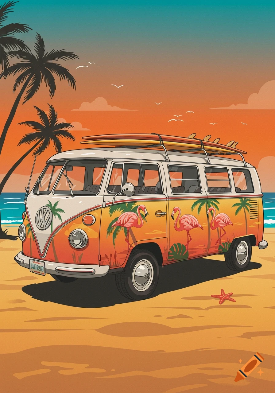 A colorful illustration of a vintage VW bus with surfboards on top, parked on a sandy beach with palm trees and flamingos.