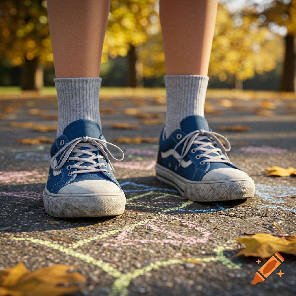 Close-up of a person's legs in blue sneakers and gray socks standing on pavement with colorful chalk drawings and fallen autumn leaves. Photorealistic.