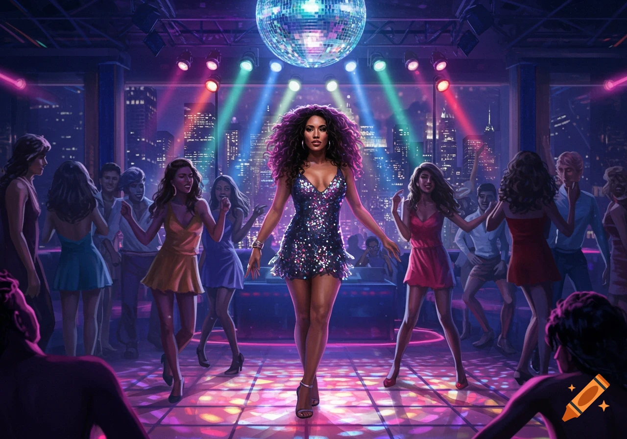 A mixed-race woman in a sparkly dress walks through a vibrant disco with a mirrored ball and colorful lights, surrounded by dancing people and a city skyline.