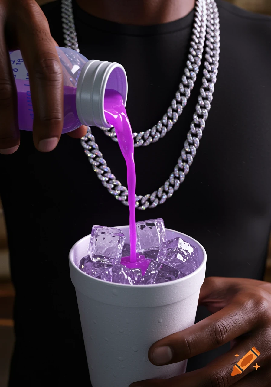 Hyper-realistic close-up of hands pouring purple liquid from a baby bottle into a styrofoam cup with ice, wearing diamond chains.