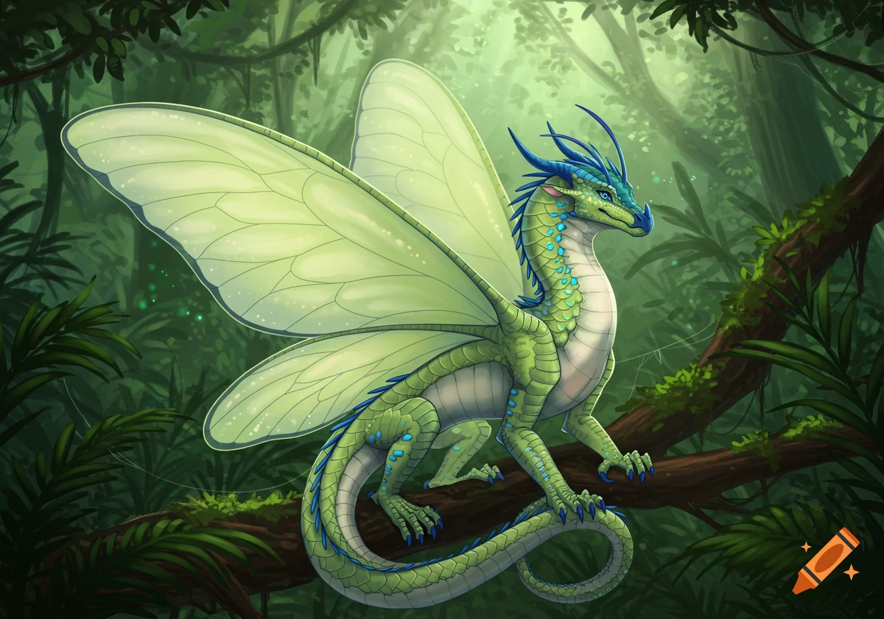 A vibrant green and blue dragon with large, pale green butterfly wings perches on a tree branch in a lush, sunlit jungle.