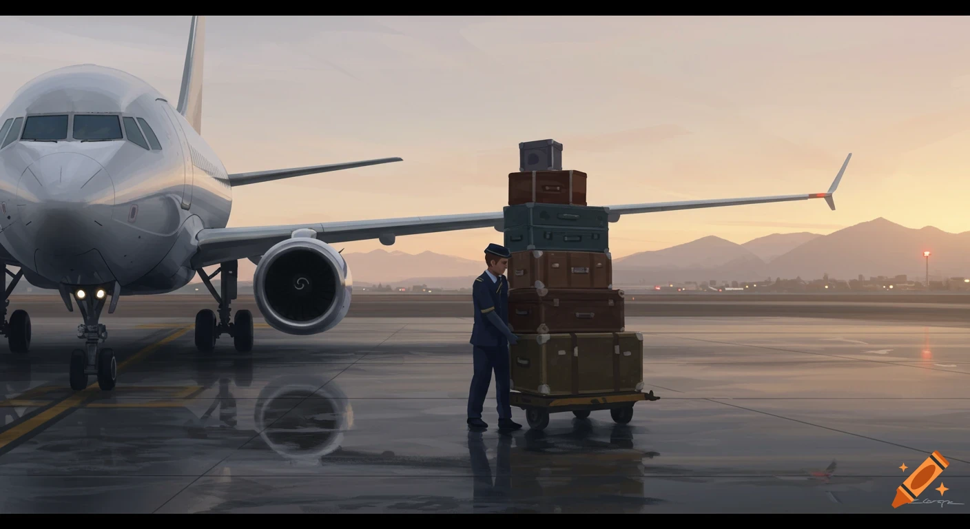 A person in uniform pushes a cart with stacked luggage on a wet airport tarmac next to a large airplane at sunset.