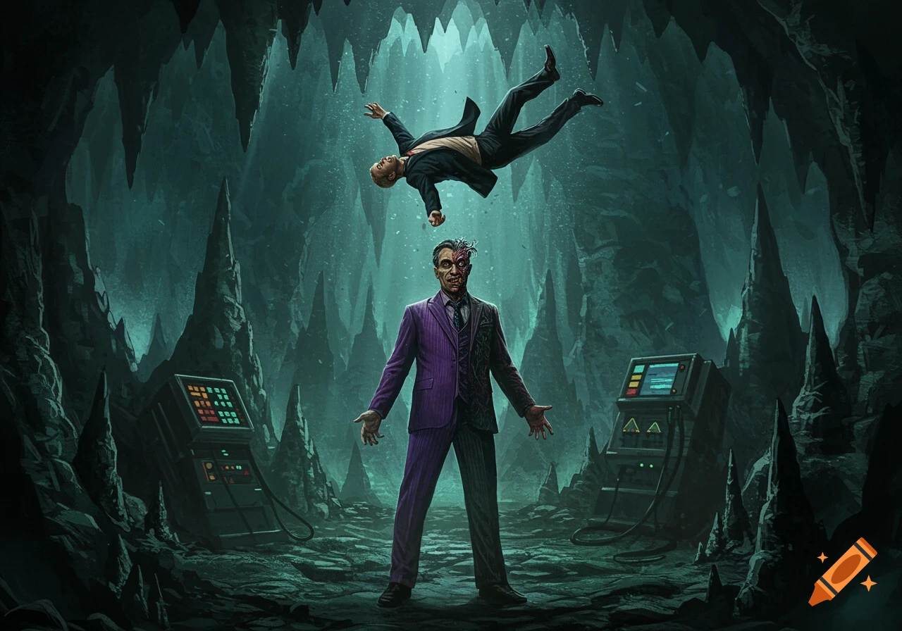 A stylized illustration of Two-Face in a dark, rocky Batcave, looking up at Alfred Pennyworth floating upside down.