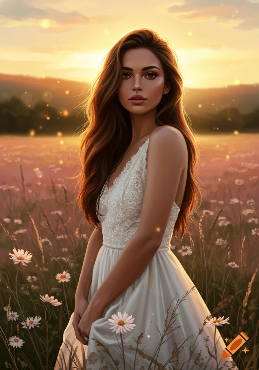 A beautiful woman with long brown hair in a white lace dress stands in a sunlit field with daisies at sunset, glowing particles around her.