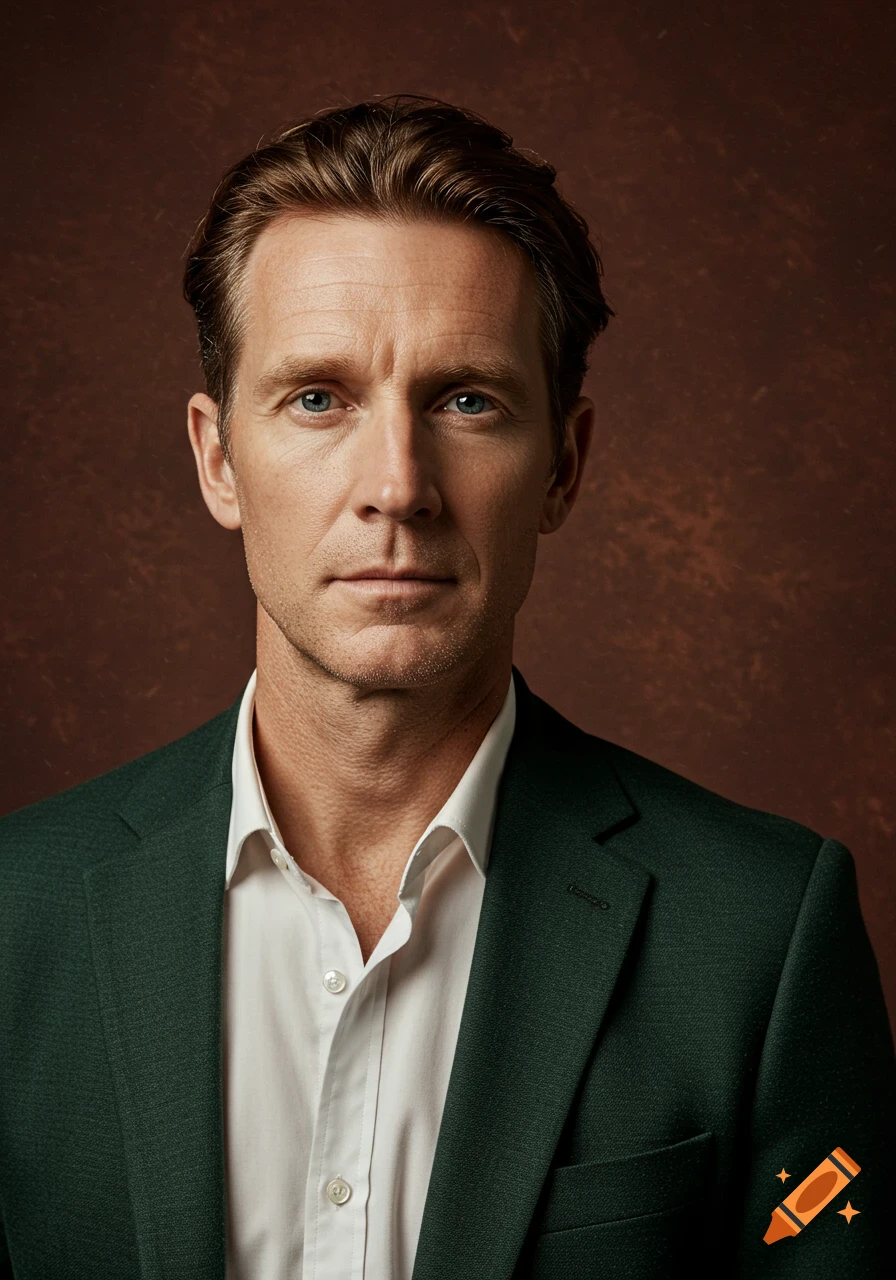 Photorealistic portrait of a middle-aged man in a dark green suit against a brown background.
