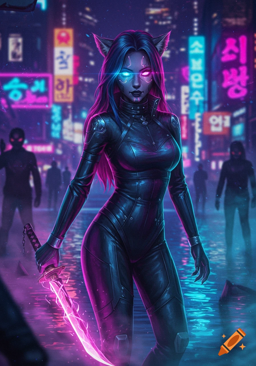 A blue-haired cyberpunk woman with glowing eyes and cat ears in a black catsuit holds a glowing pink sword in a rainy neon city.