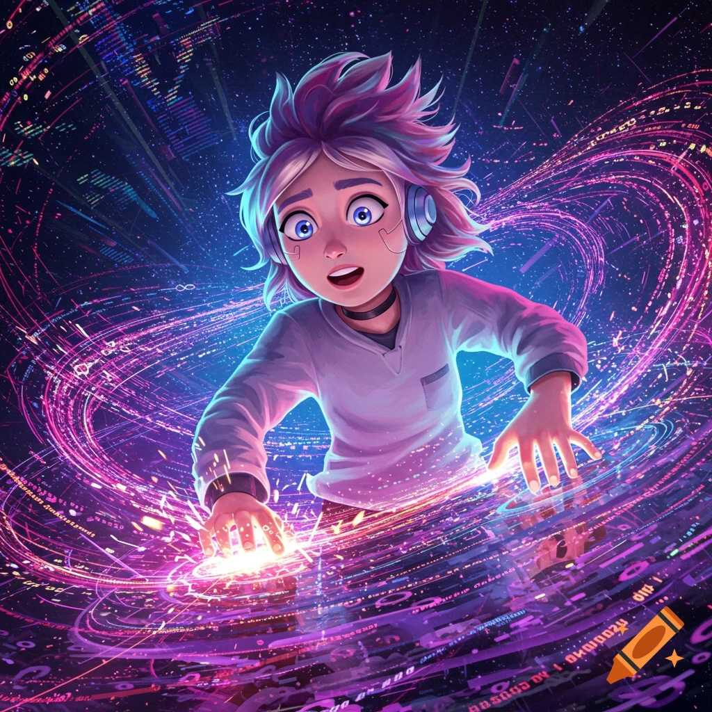 A stylized cartoon character with spiky purple hair and headphones, surrounded by glowing neon pink and blue data streams and digital patterns.