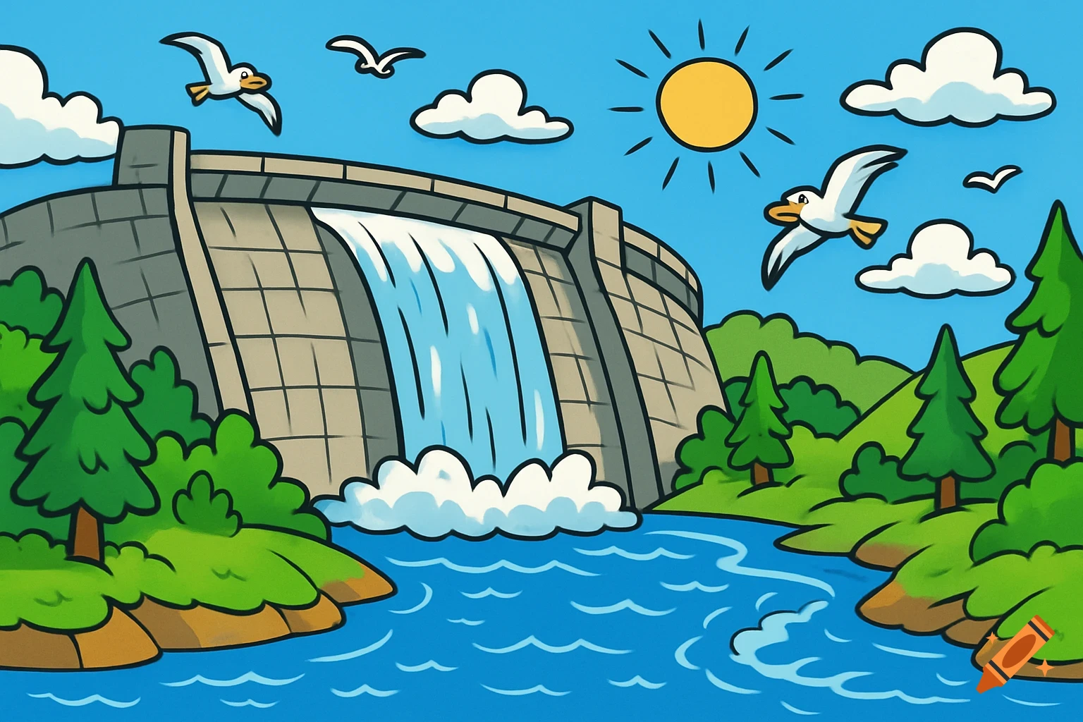 Cartoon illustration of a large concrete dam with water flowing over it, surrounded by green hills, trees, river, and birds under a sunny sky.