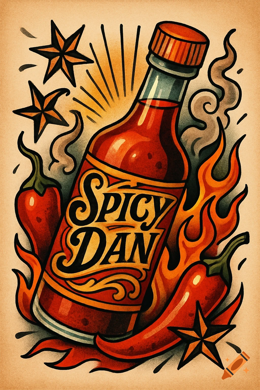A vibrant traditional tattoo style illustration of a hot sauce bottle with 'Spicy Dan' on the label, surrounded by flames, chili peppers, and stars.