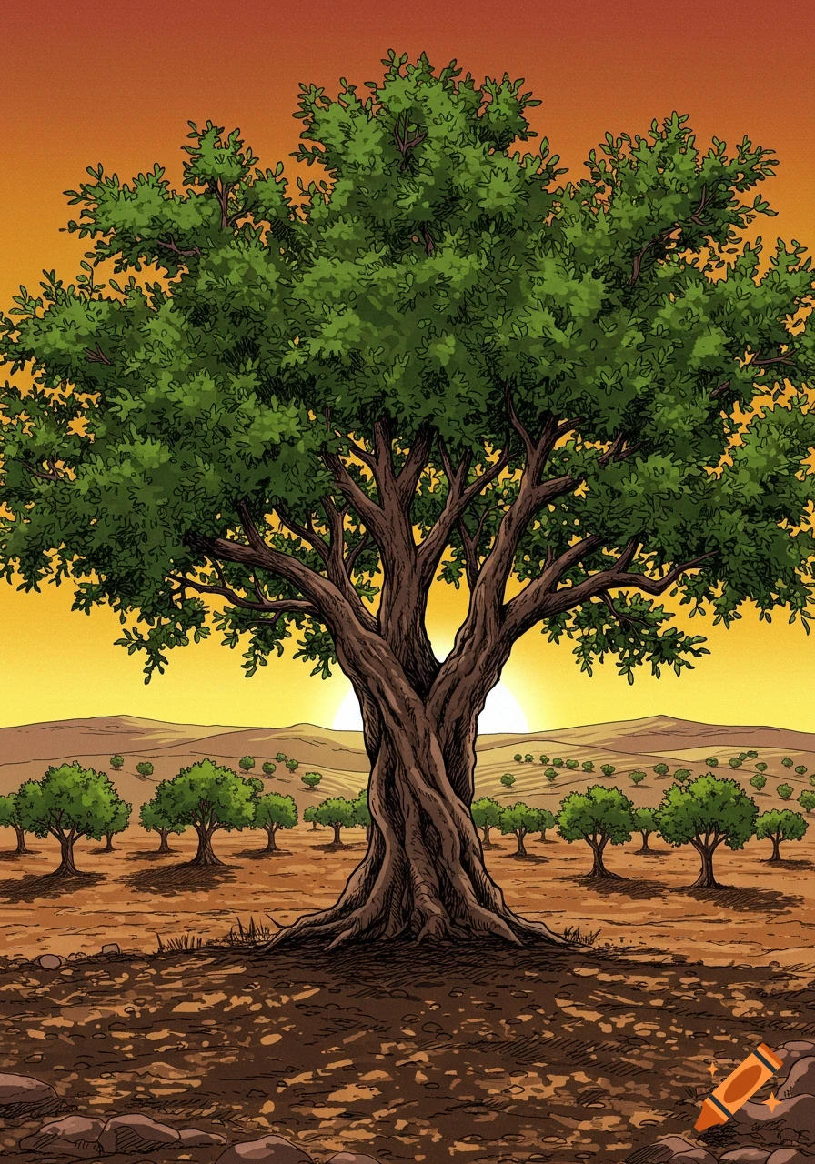 A large argan tree in a desert landscape with smaller trees and hills under a warm, sunset sky, in digital art style.