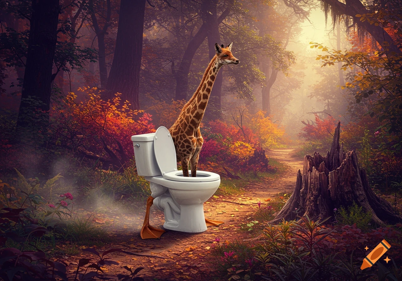 A surreal image of a giraffe with a fox head emerging from a toilet with duck legs, set in a colorful, misty autumn forest.