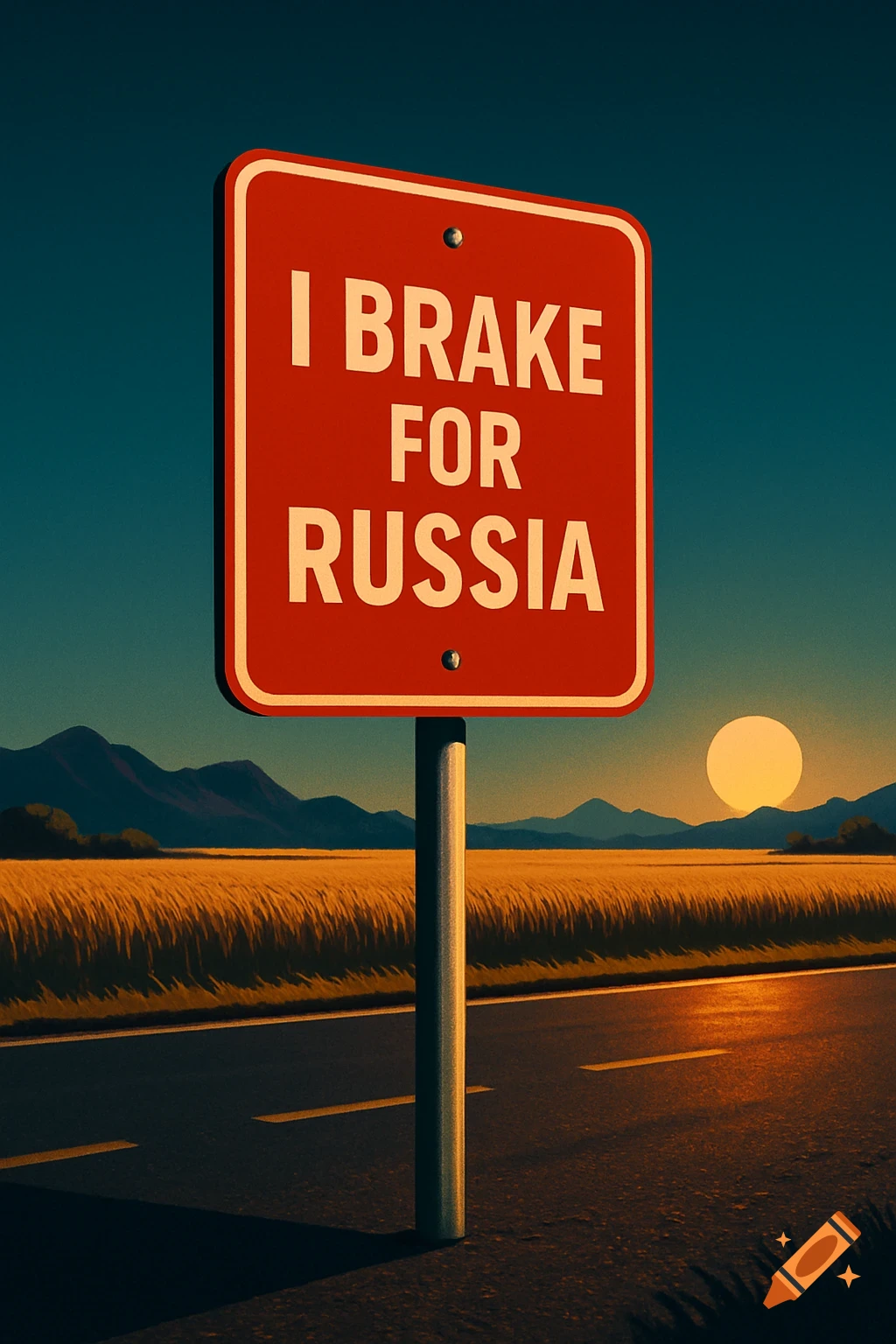 A red road sign reading 'I BRAKE FOR RUSSIA' stands by a road next to a golden field with mountains and a sunset.