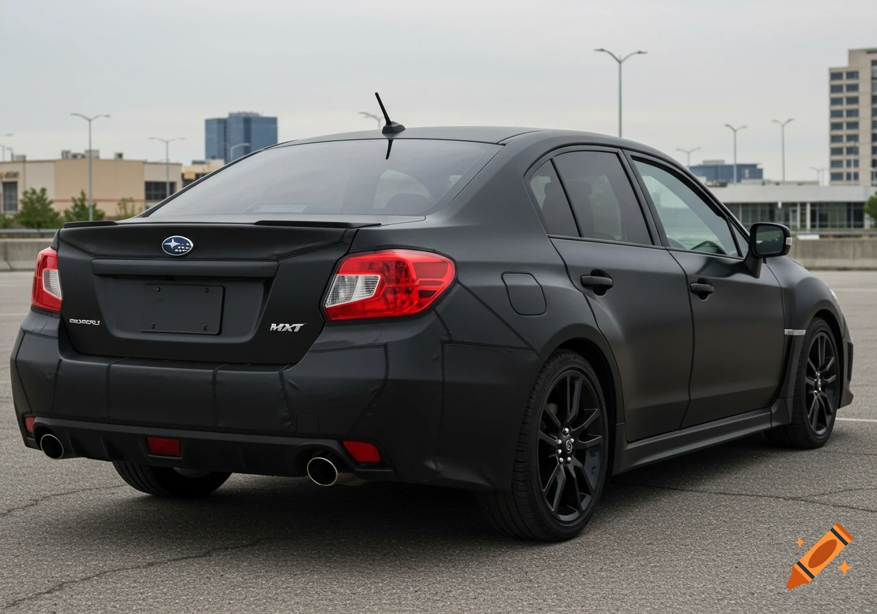 Rear view of a black Subaru Impreza sedan prototype covered in matte black protective material with visible seams, parked outdoors.
