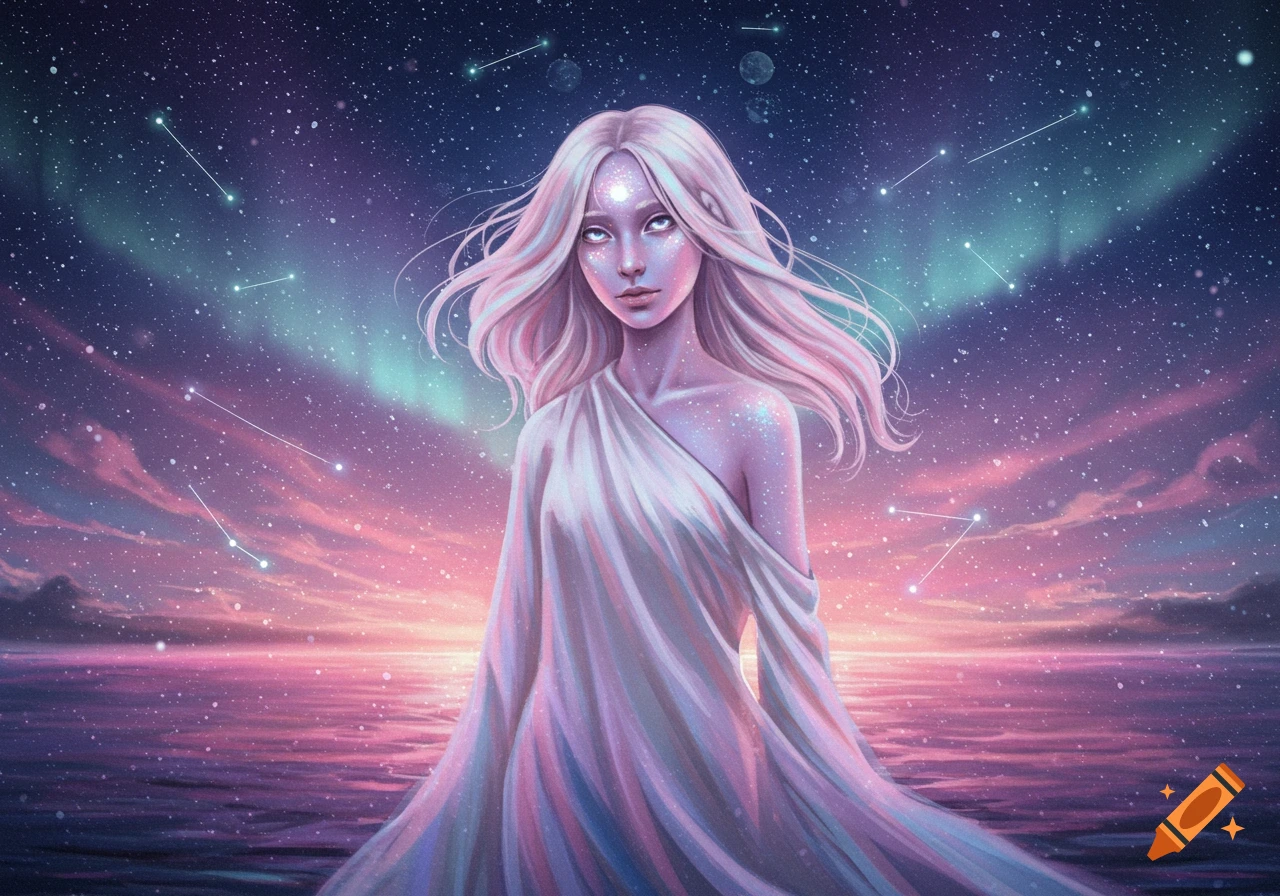 Ethereal woman with white hair and glowing skin, in a draped white dress, stands in water under a starry, pink and blue cosmic sky.