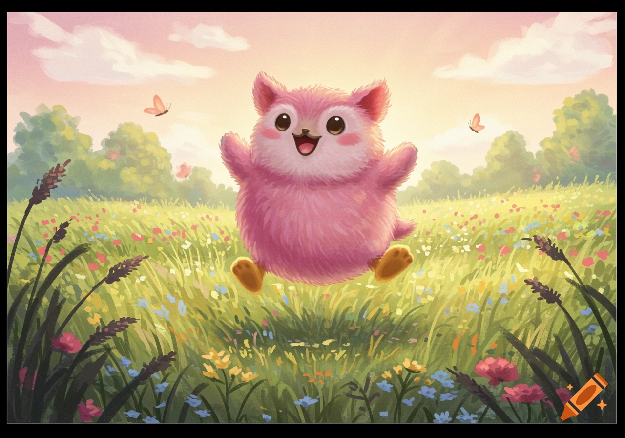 A fluffy pink creature with large eyes bounces happily in a vibrant green field filled with colorful flowers, under a pastel sky with butterflies.