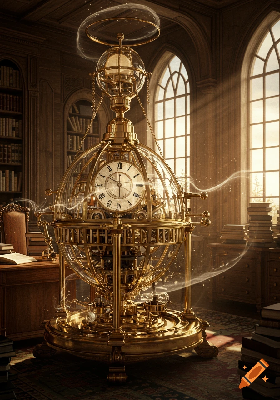 A detailed, golden steampunk time machine with a large clock face, glowing and surrounded by swirling light, sits in a grand, sunlit library with tall arched windows and bookshelves.