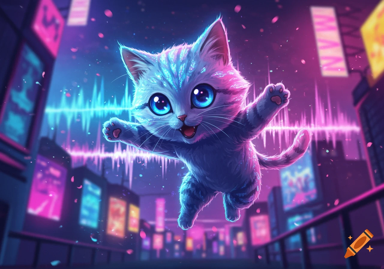 A cute blue and pink striped anime kitten floats in a vibrant neon cyberpunk city, with glowing musical waveforms in the background.