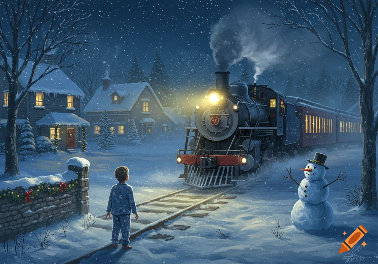 A magical winter night with snow falling as a child in pajamas watches a vintage steam train illuminated by its bright headlight. Snow-covered houses and a snowman are in the background.