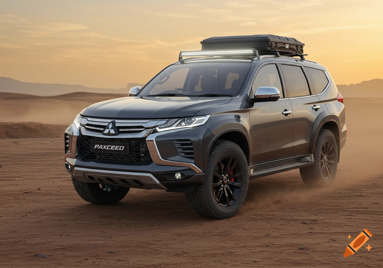 A dark gray SUV with a roof rack and light bar drives on a dirt road in a desert landscape at sunset, photorealistic.