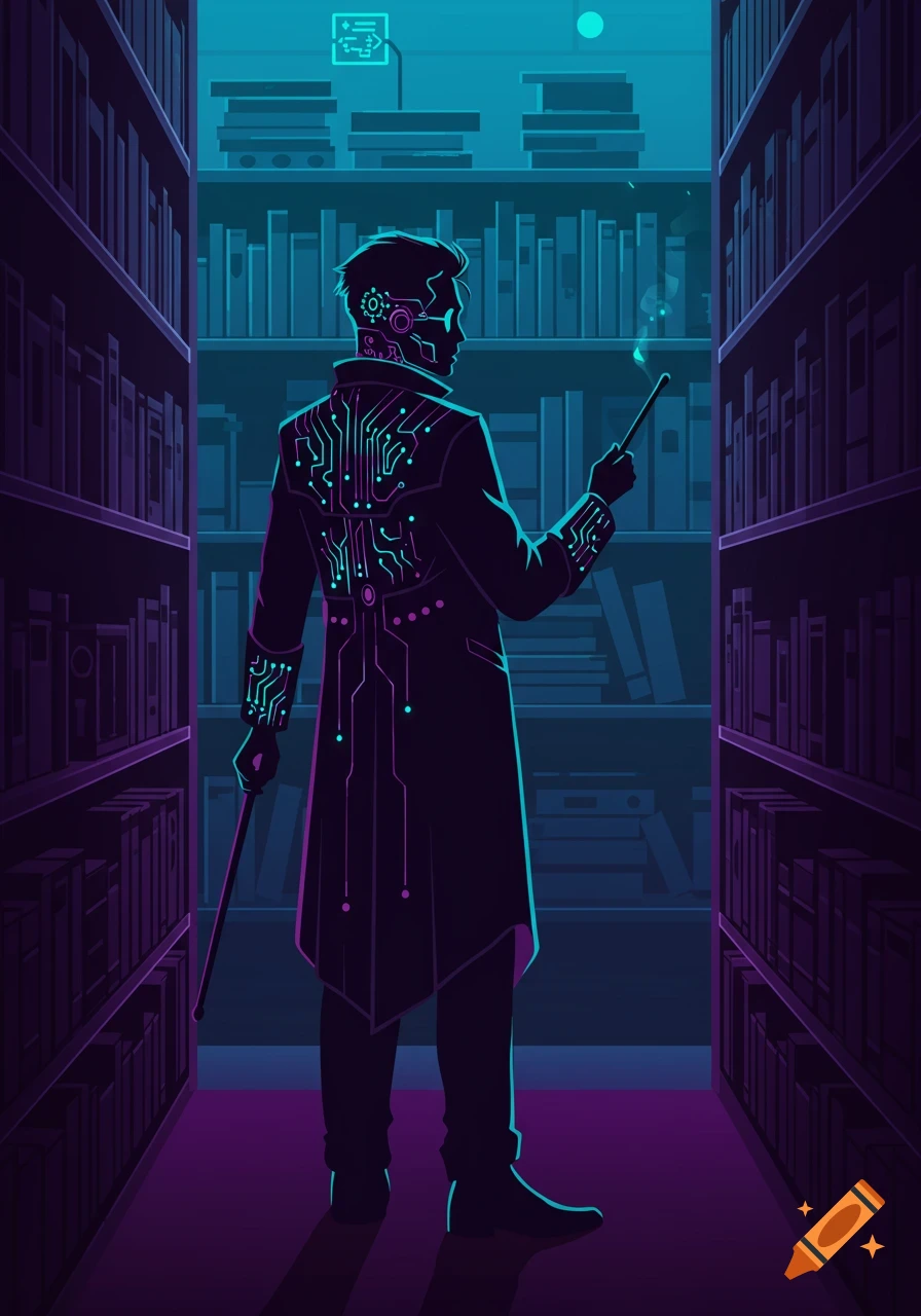 A stylized cyberpunk figure with circuit patterns on their coat stands in a neon-lit library, holding a glowing staff.