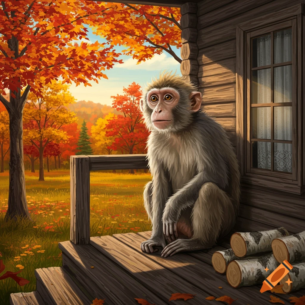 An illustrative image of a monkey sitting on a wooden porch, surrounded by vibrant autumn trees and fallen leaves.