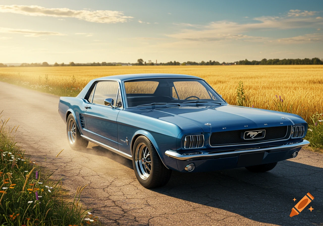 A photorealistic blue classic Ford Mustang on a dirt road in a golden wheat field, with dust kicking up at sunset.