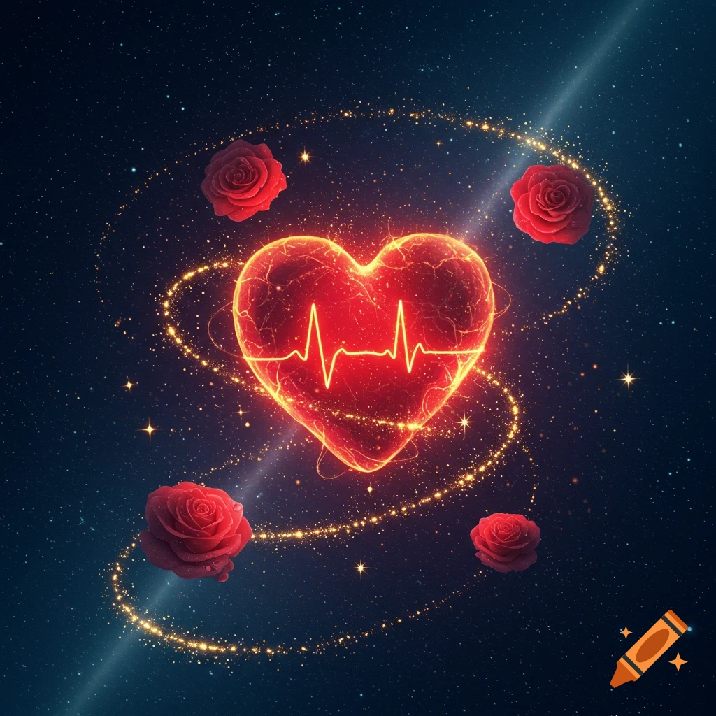 A vibrant red glowing heart with a neon heartbeat line inside, surrounded by sparkling golden dust and red roses, all set against a dark, starry cosmic background.