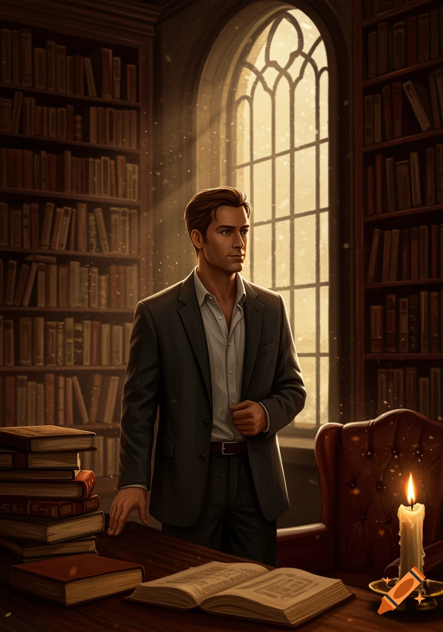 A man in a suit stands in a sunlit library, next to a desk with open books and a lit candle.