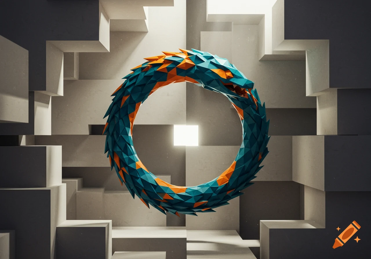A geometric, polygonal teal and orange ouroboros floats against an abstract background of light and dark blocks.