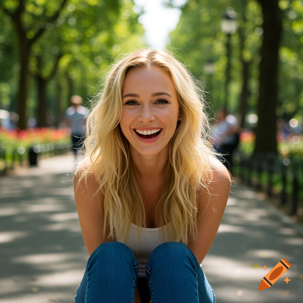 A smiling blonde woman in a white tank top and jeans sitting in a sunny park with trees.