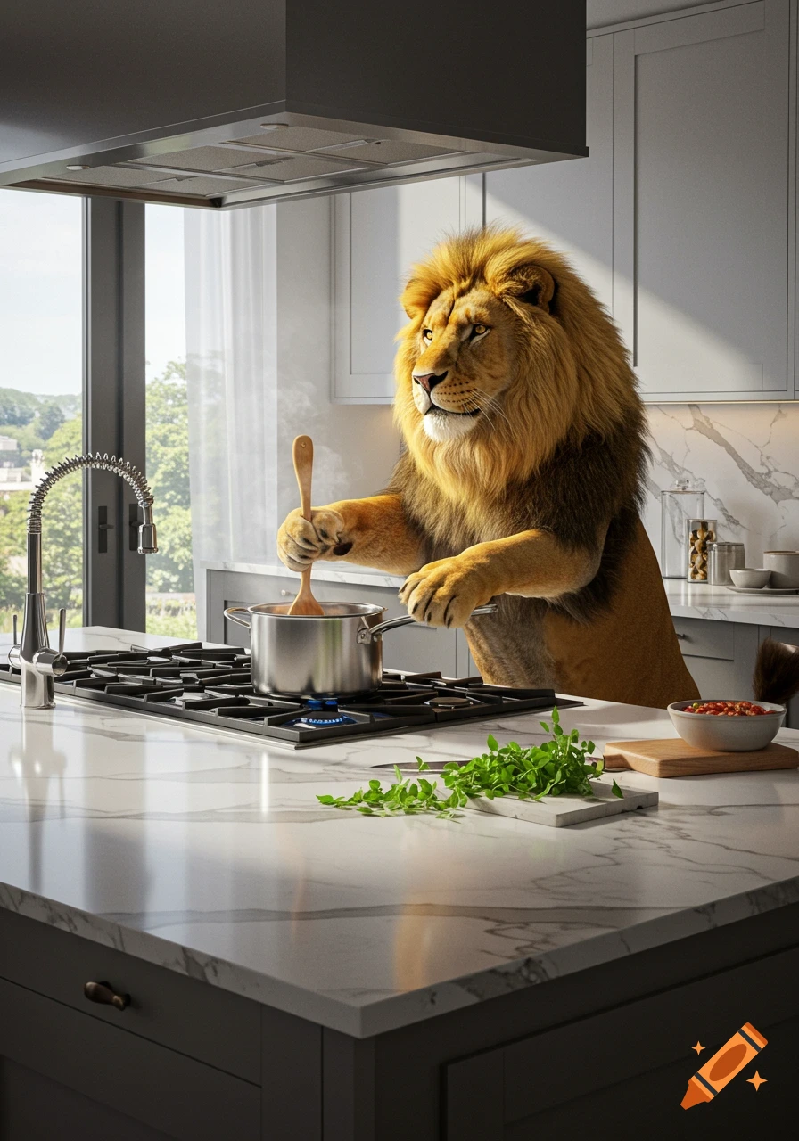A majestic lion stands in a modern kitchen, stirring a pot on the stove.