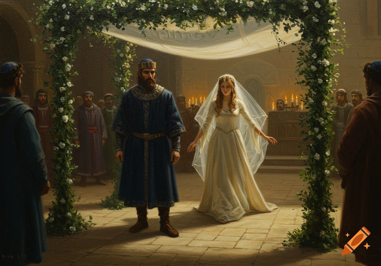 Oil painting of a man and woman in medieval attire standing under a floral chuppah during a wedding ceremony, with onlookers.