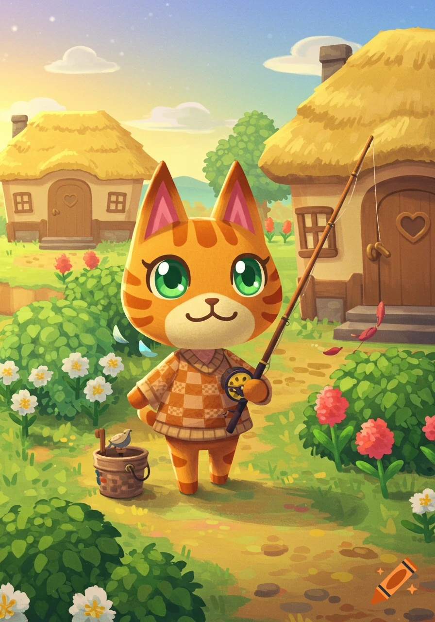 A cartoon orange cat character in an Animal Crossing-like village, holding a fishing rod, with small houses and flowers in the background. The cat wears a checkered sweater.
