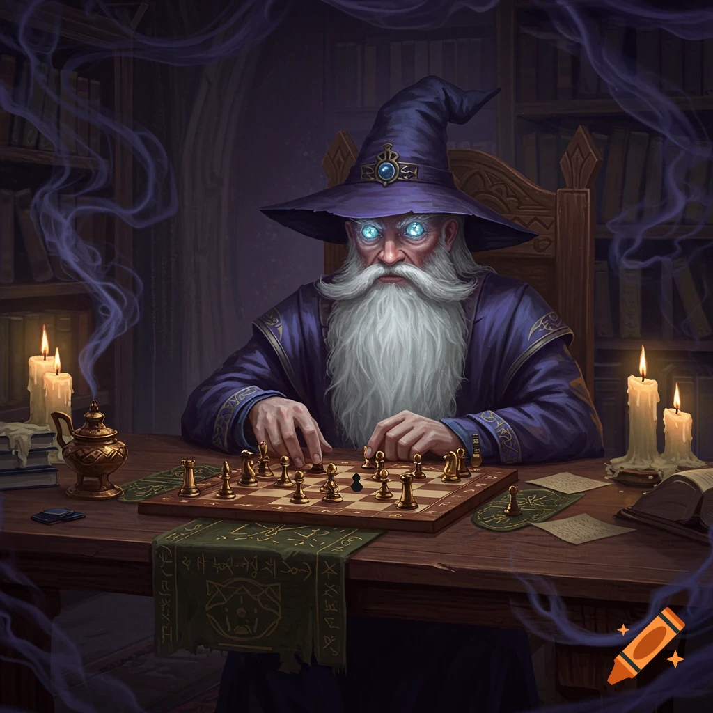 A wise old wizard with glowing blue eyes and a long white beard plays chess at a candlelit wooden table, surrounded by smoke and bookshelves.