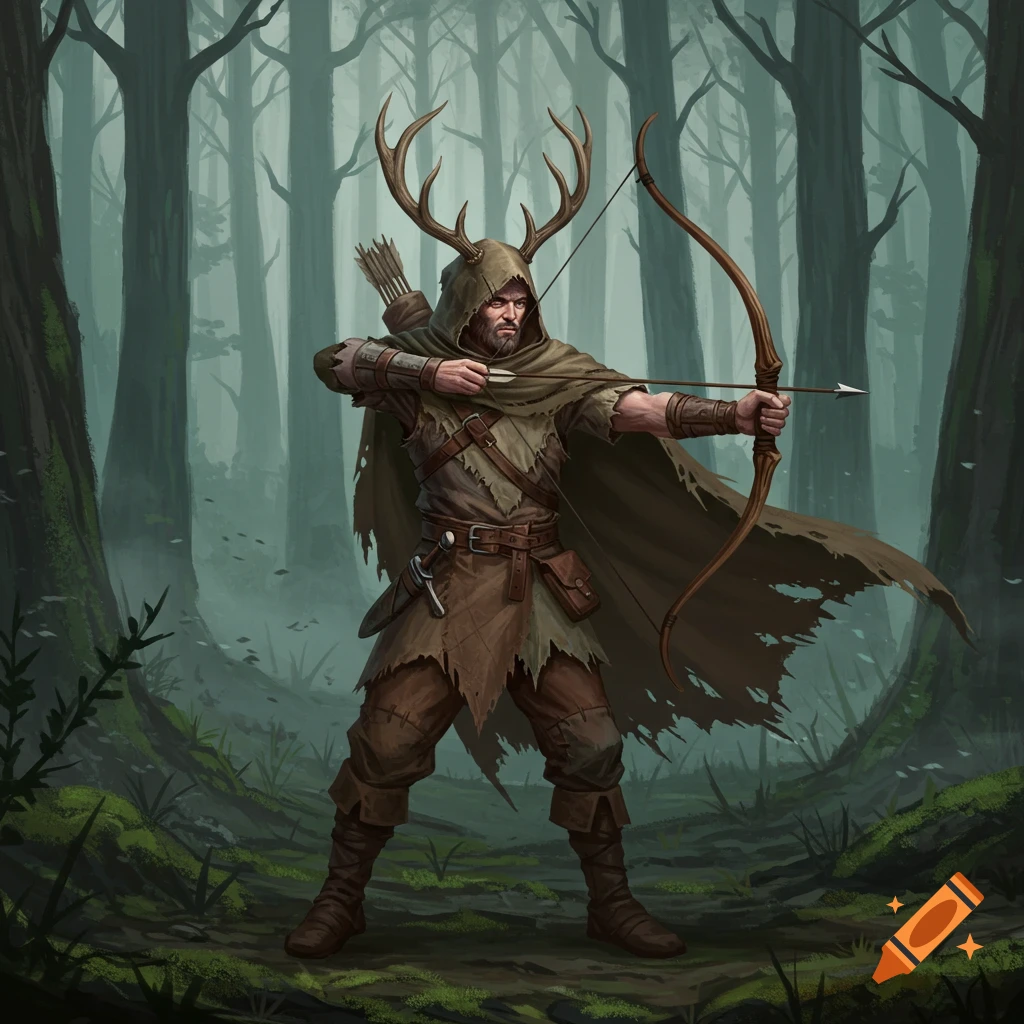 A fantasy archer with deer antlers on his hooded cloak draws a bow and arrow in a dark, misty forest, rendered in a detailed illustration style.