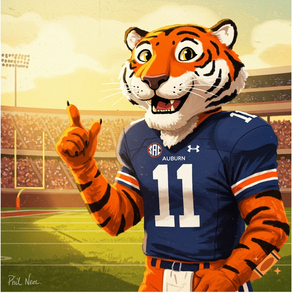 A cartoon tiger mascot in a blue football jersey with the number 11 points upwards in a stadium, in an illustrative style.
