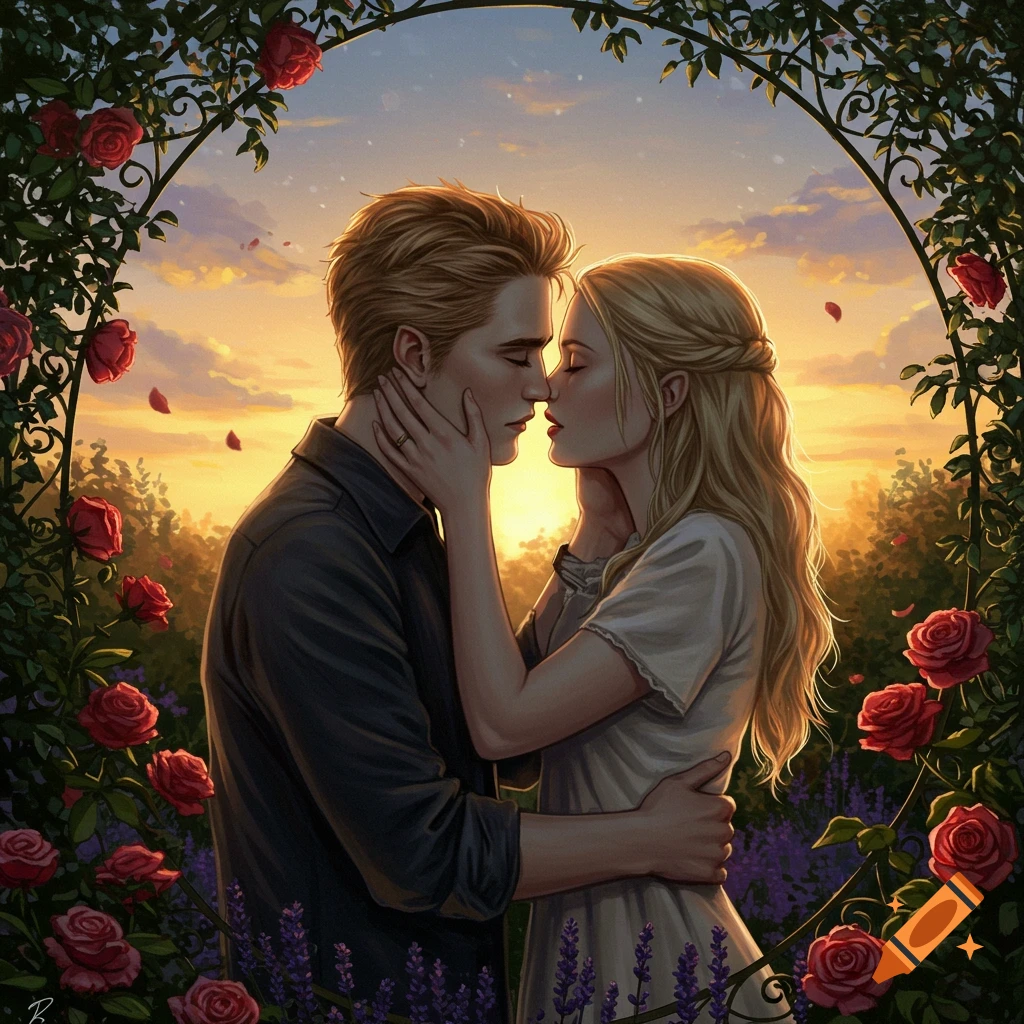 An illustration of a couple embracing intimately under a rose archway in a garden at sunset.