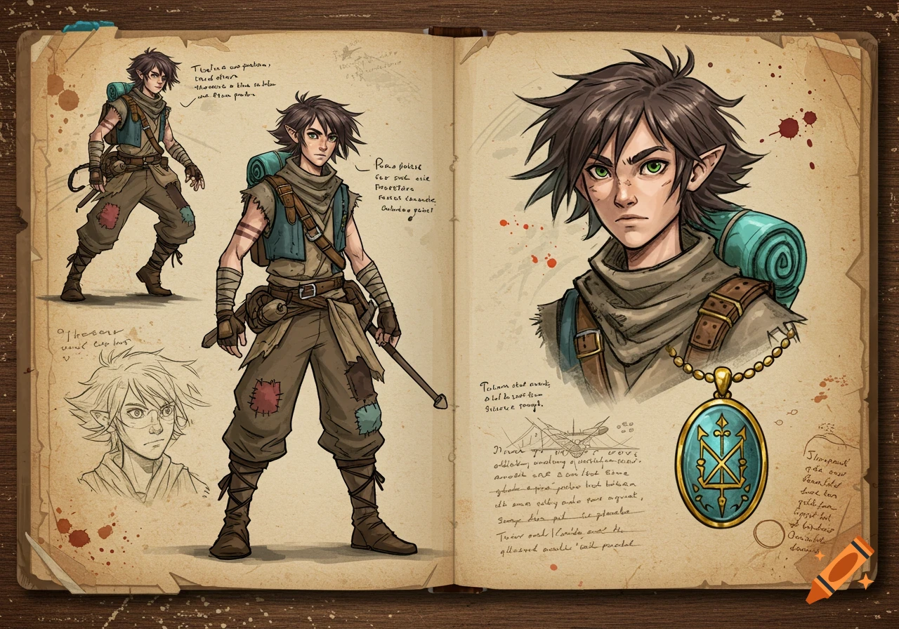 A stylized fantasy character sheet in a sketchbook, featuring a young male elf-like character with brown hair, green eyes, and an adventurer's outfit. Full body and bust shots are shown, along with a design for a gold and teal amulet, all against a textured paper background.