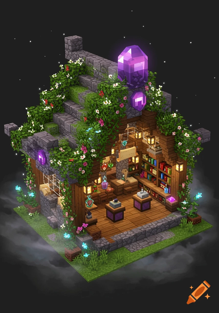 Detailed isometric Minecraft enchantment shop with glowing purple crystals, lush vines, and magical potions inside.