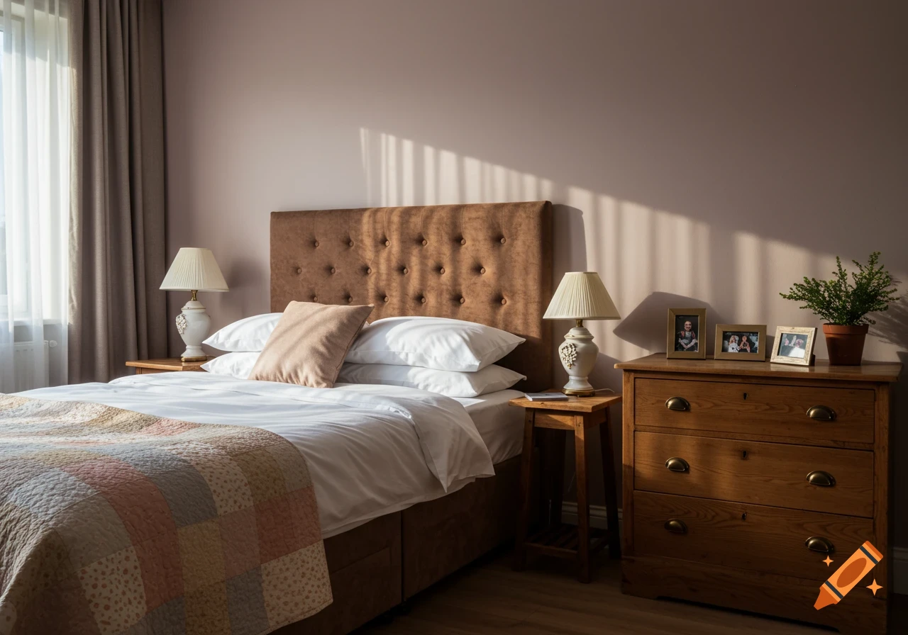 A sunlit bedroom with a brown upholstered queen bed, wooden nightstand, and dresser with framed photos.