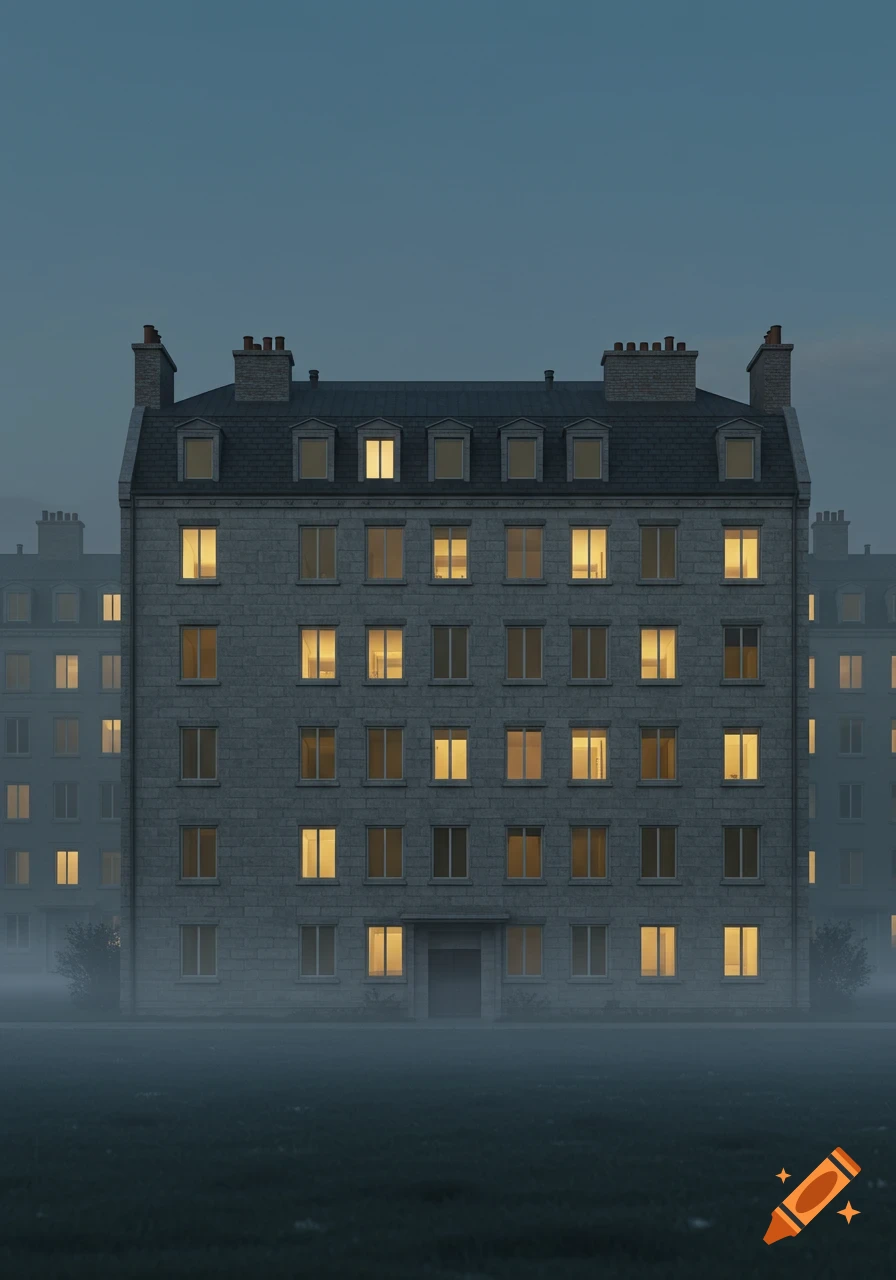 A large, old-fashioned apartment building with many lit windows stands in the fog at night.