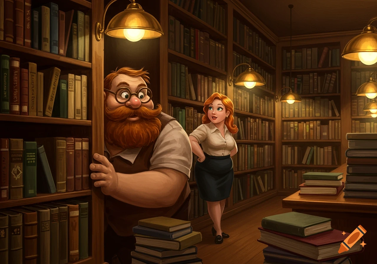 A cartoon man with a big red beard peeks from behind a bookshelf at a red-haired woman in a library.