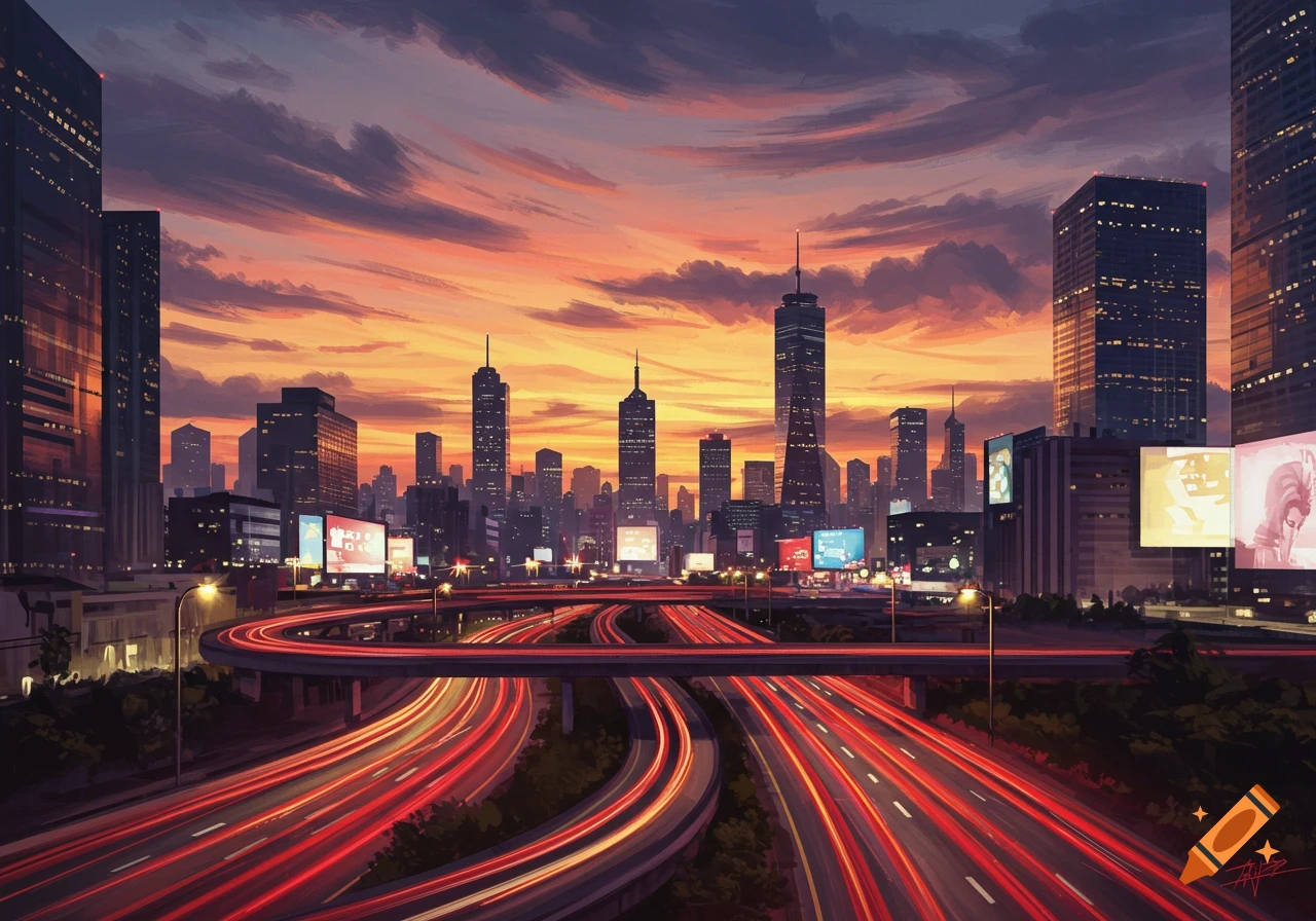 A vibrant digital painting of a sprawling city skyline at sunset, with busy highways showing red light trails.