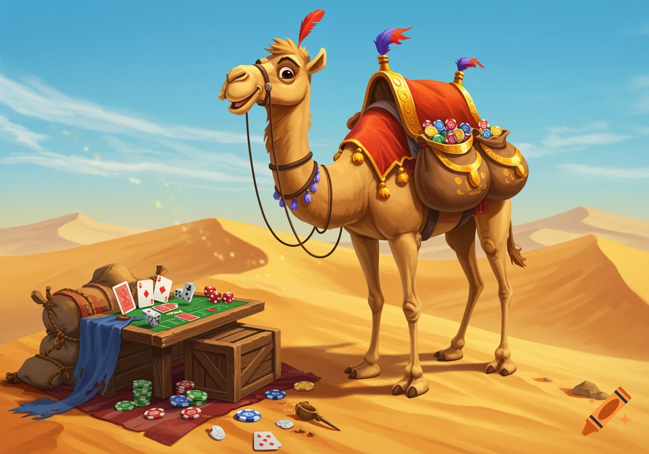 A cartoon camel with a saddle full of casino chips stands in a desert next to a table with playing cards, dice, and poker chips.
