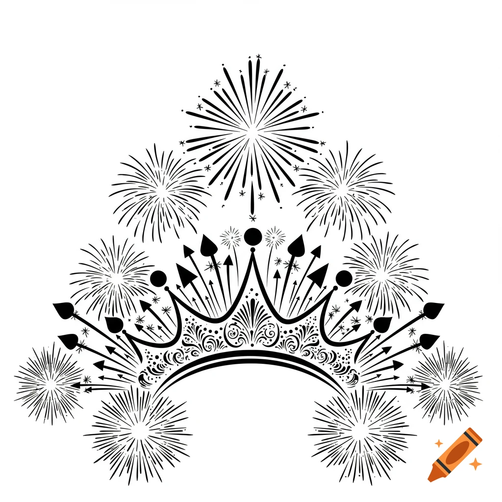 A black and white line drawing of an ornate crown with fireworks bursting around it.