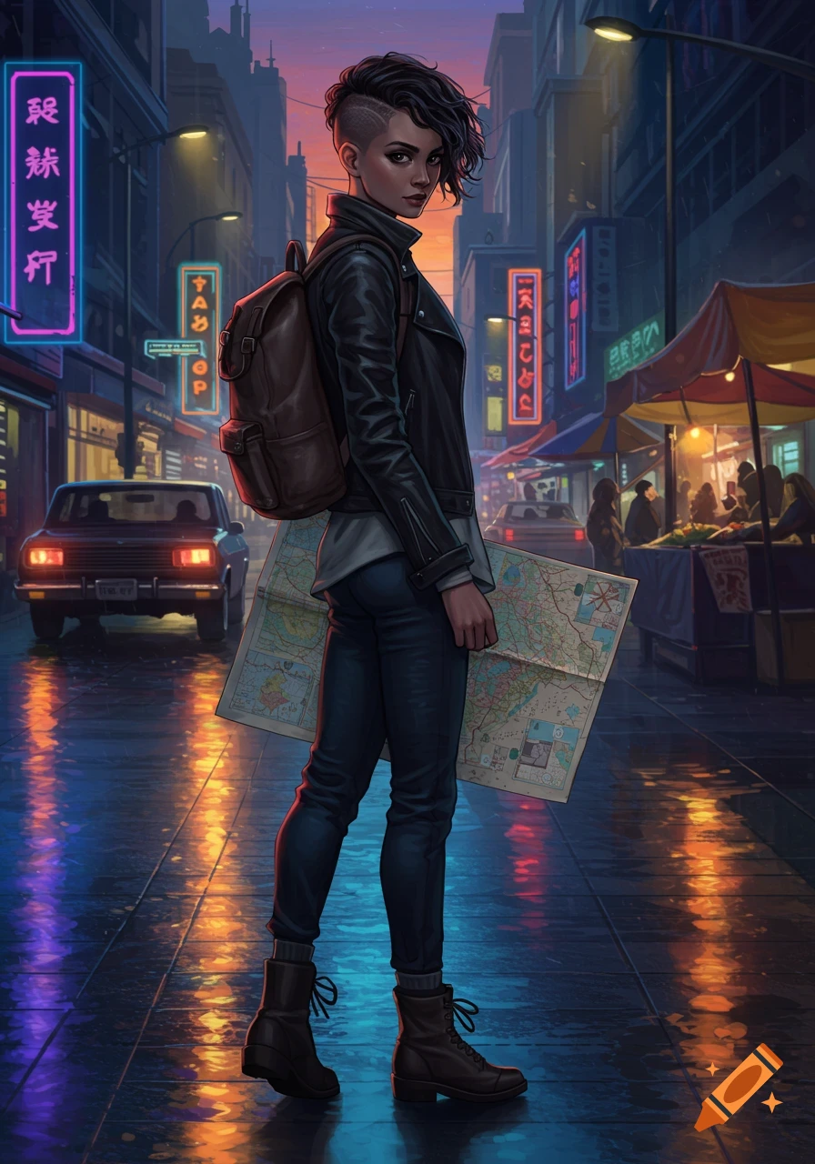 A girl with a shaved side hairstyle and a backpack stands on a wet, neon-lit cyberpunk city street at dusk, holding a map.