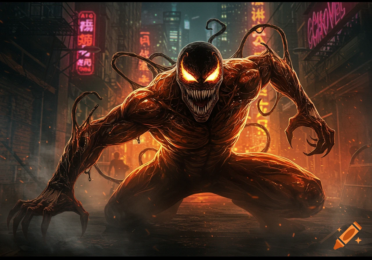 A menacing orange symbiote monster with glowing eyes and sharp teeth crouches in a dark, fiery city alley at night, in a comic book art style.