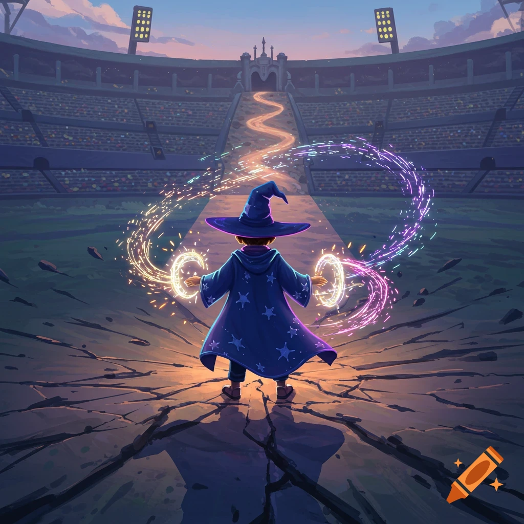 A wizard boy in a blue robe stands in a cracked stadium, casting magic with glowing rings. A glowing path leads into the distance.